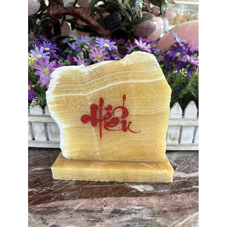 Bức tranh chạm khắc chữ thư pháp trên đá ngọc hoàng long trang trí bàn làm việc, phòng khách