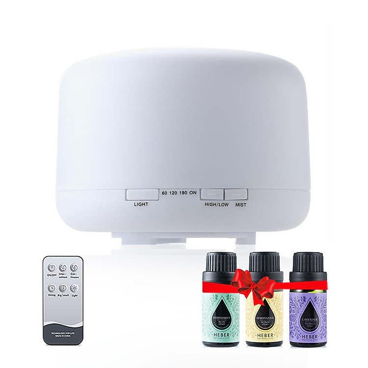 Máy Khuếch Tán Xông Tinh Dầu 500ml tặng kèm 3 chai Sả Chanh + Bạc Hà + Oải Hương 10ml Nhập Khẩu ( Kèm Remote Điều Khiển)