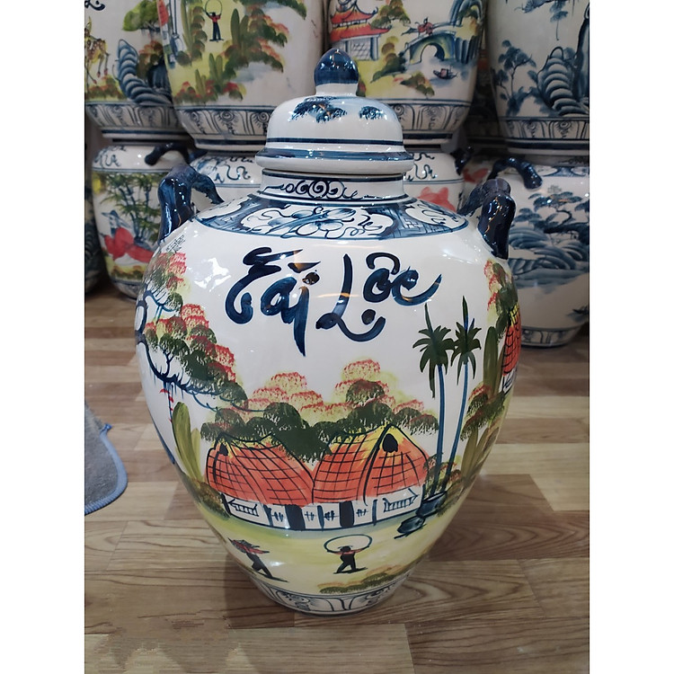 Chum gốm miệng nhỏ đựng rượu vẽ phong cảnh