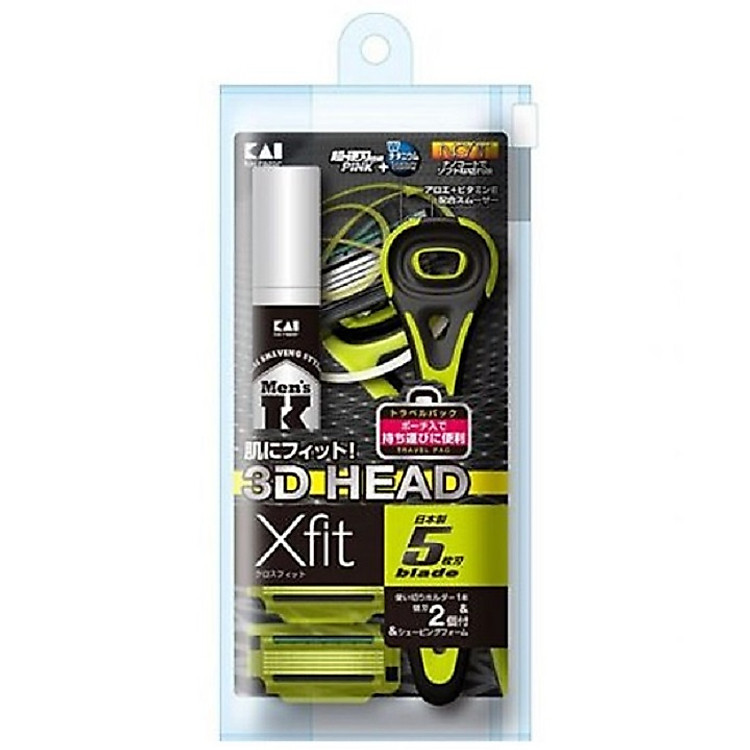Set dao cạo 5 lưỡi kép xoay 360 độ KAI (1 thân, 2 lưỡi, 1 hộp kem cạo) hàng nội địa Nhật (tặng móc khóa Familydecor)