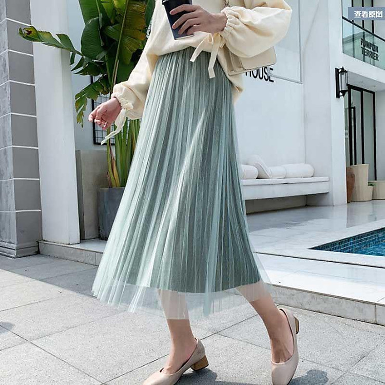 Chân váy midi xếp ly màu xạnh ngọc dịu dàng sang trọng 2 lớp nhung lưới chắc chắn (Freestyle, phù hợp mọi số đo)