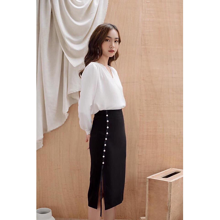 Chân váy bút chì Đính hạt, lưng khóa, vải umi cao cấp, dáng midi dài 60-62cm