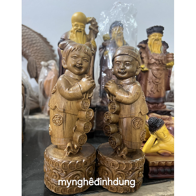 Cặp tiểu đồng chúc phúc bằng gỗ bách xanh (20x8x8cm) - Ảnh 5