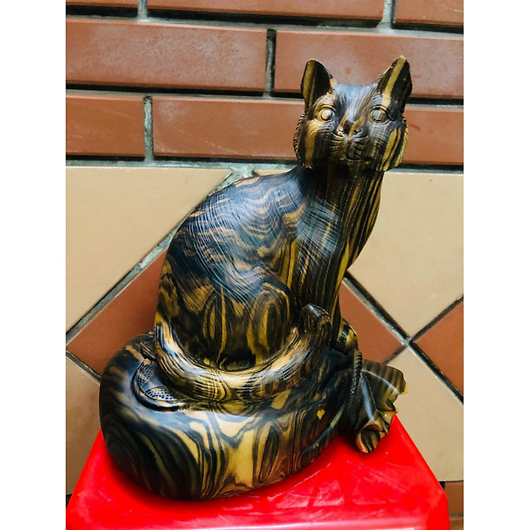 Tượng con mèo điêu khắc bằng gỗ mun (30x26x17cm) - Ảnh 5