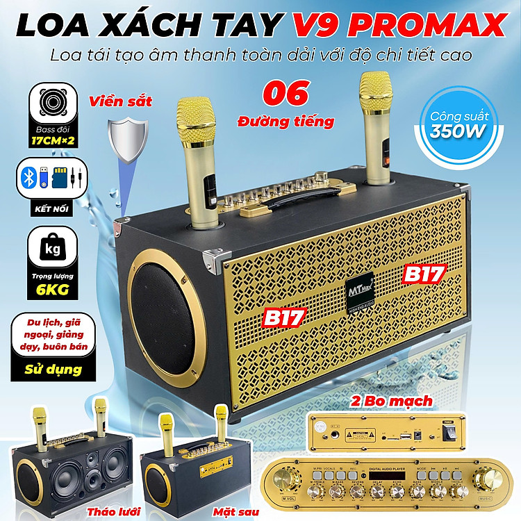 loa xách tay nghe nhạc karaoke 6 đường tiếng v9 promax nhỏ gọn, mạnh mẽ, chất âm đỉnh cao công suất 350w kèm 2 mic không dây hàng nhập khẩu