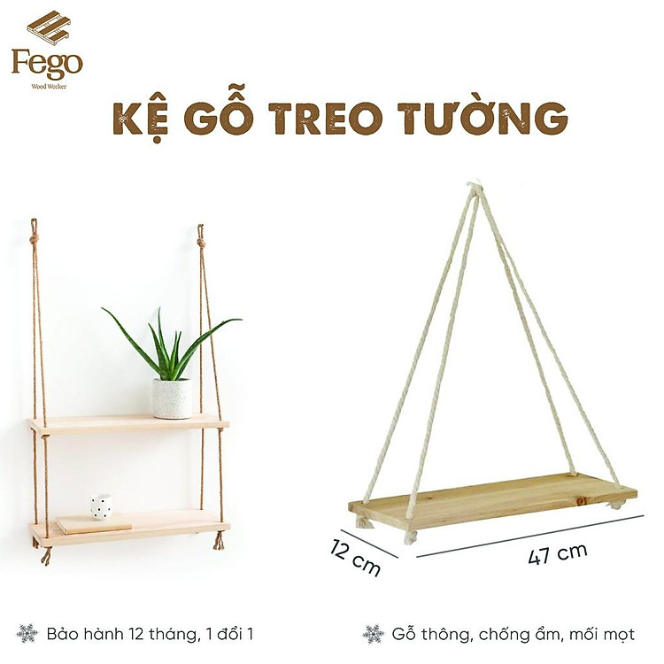 Kệ gỗ treo tường dây thừng / decor trang trí nhà cửa