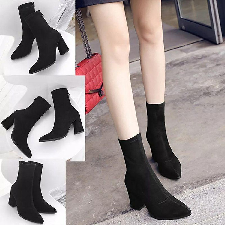 Boot Lửng Thu Đông Gót Vuông 7 Phân (Chất da lộn mềm)