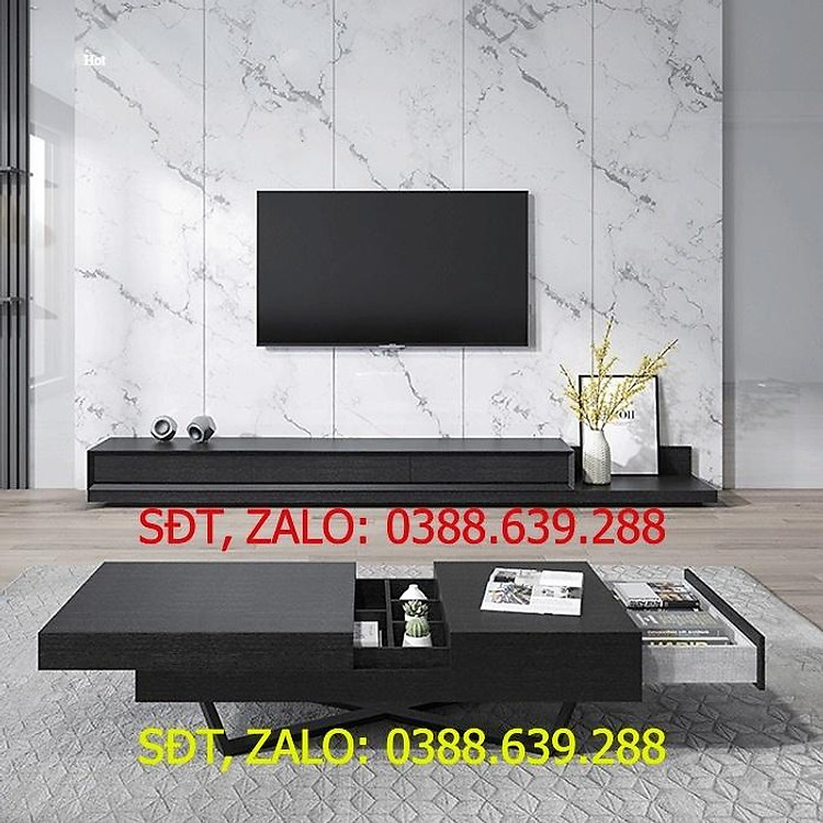 COMBO kệ tivi bàn trà hiện đại vân sồi đen, Bộ nội thất phòng khách cao cấp nhập khẩu