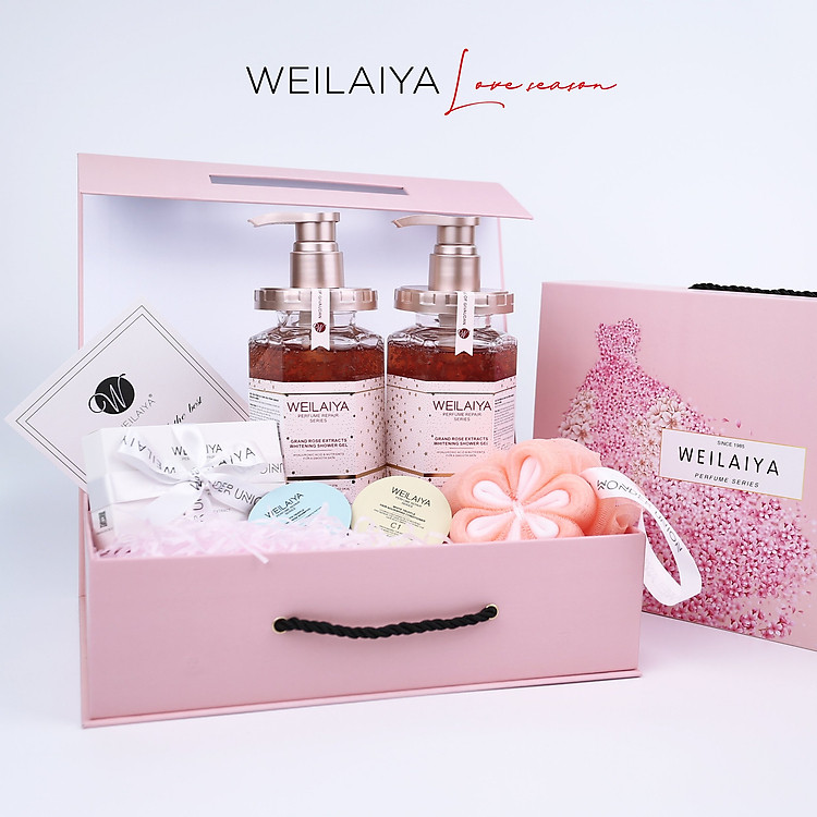 Set quà sang trọng gồm 2 Chai Sữa tắm trắng da cánh hoa hồng Damask Weilaiya - Tặng 1 mini phục hồi nấm Truffle và 1 Bông tắm Weilaiya - Gói hộp quà sang trọng