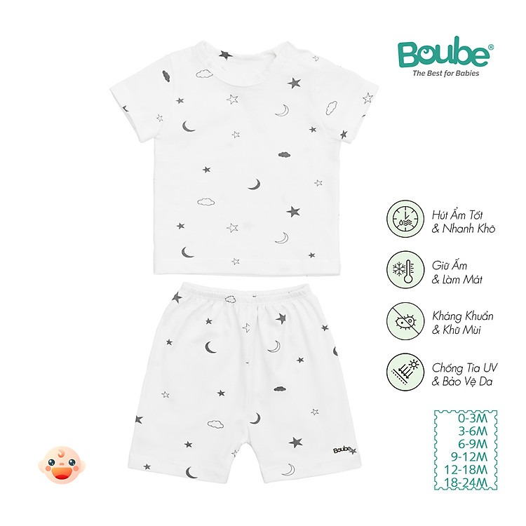 Bộ cộc tay cúc bấm vai cho bé sơ sinh và trẻ nhỏ họa tiết xinh xắn Boube, vải Cotton organic thoáng mát - Size 0-24M