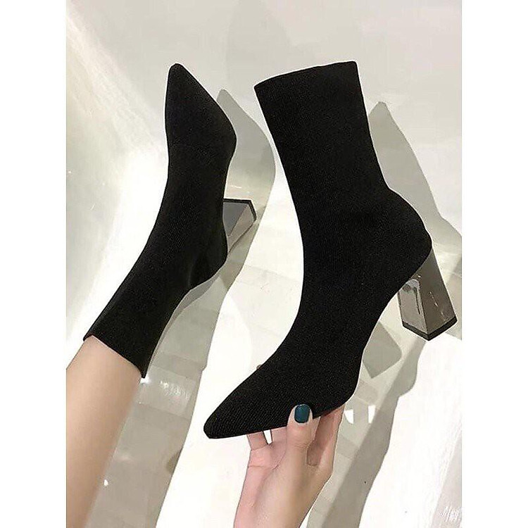 Boot Len Nữ Cao Cổ Lửng Gót Trụ Bạc Tráng Gương Cao 7