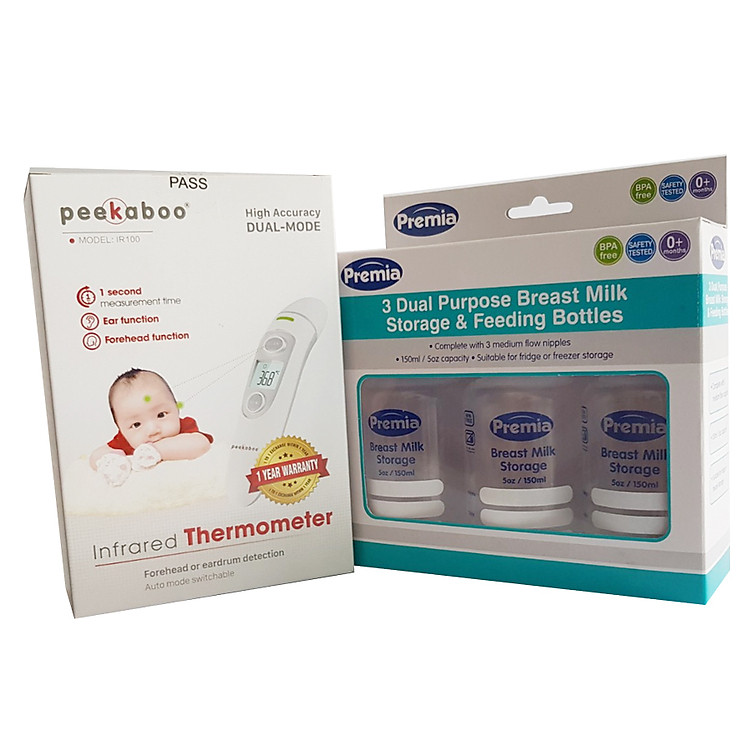 Nhiệt kế hồng ngoại đo trán peekaboo IR100 tặng kèm 03 bình trữ sữa Premia