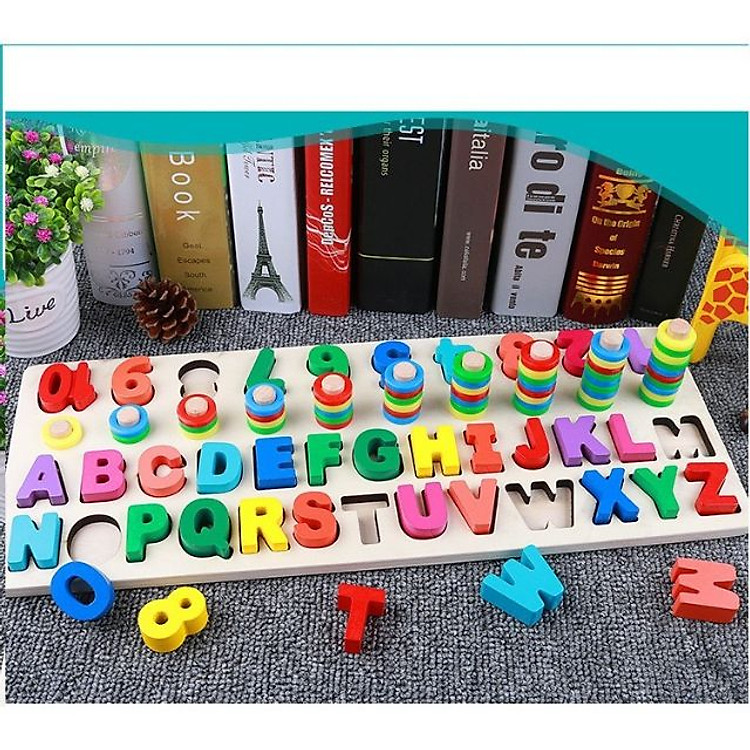 Bảng chữ cái và số cho bé kèm hình khối cột tính bậc thang, đồ chơi học tập, bảng ghép hình bằng gỗ thuộc giáo cụ Montessori giúp phát triển trí tuệ và kỹ năng cho trẻ - tặng kèm còi gỗ cho bé