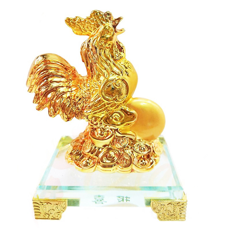 Tượng gà trống vàng đế kính thủy tinh cao cấp
