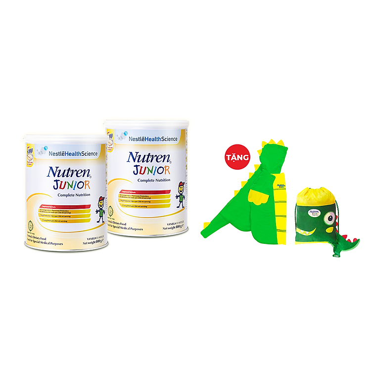 Combo 2 lon thực phẩm dinh dưỡng Nutren Junior Thụy Sĩ hỗ trợ tăng cân tiêu hóa tốt cho trẻ từ 1 đến 10 tuổi 800g/lon - Tặng Balo và Áo Choàng Tắm Khủng Long