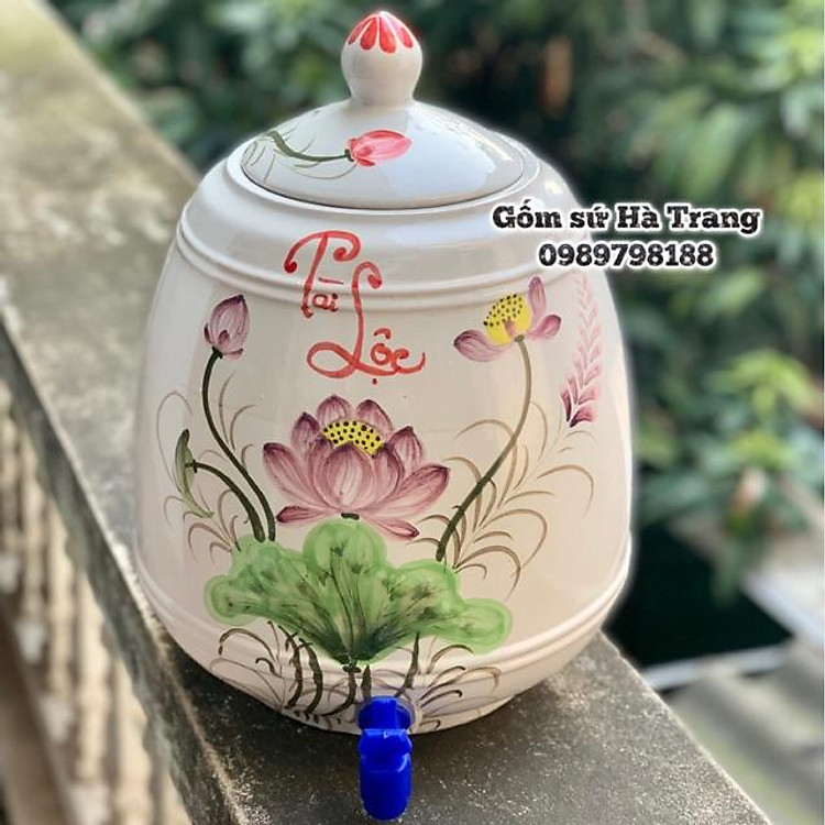 Bình nước dung tích 12 lit Gốm sứ Bát Tràng cao cấp vẽ thủ công Có vòi tiện dụng
