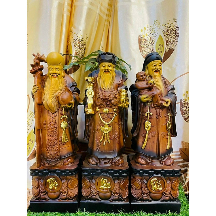 Bộ tượng phật tam đa phúc lộc thọ bằng gỗ hương đá tô làm mầu giả cổ kt 50×15.5×13cm