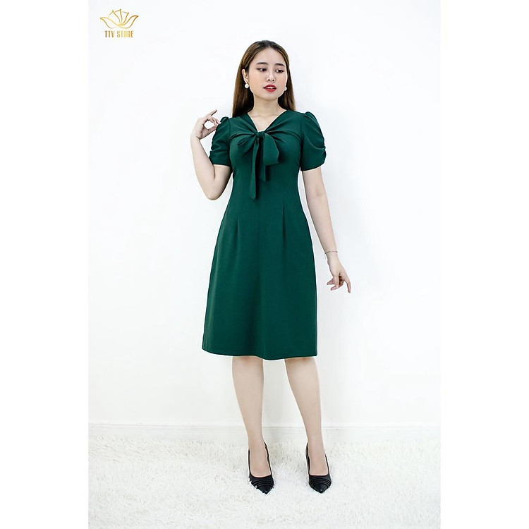 Đầm form A - Cổ cột nơ - CV - Xanh rêu - TTV552