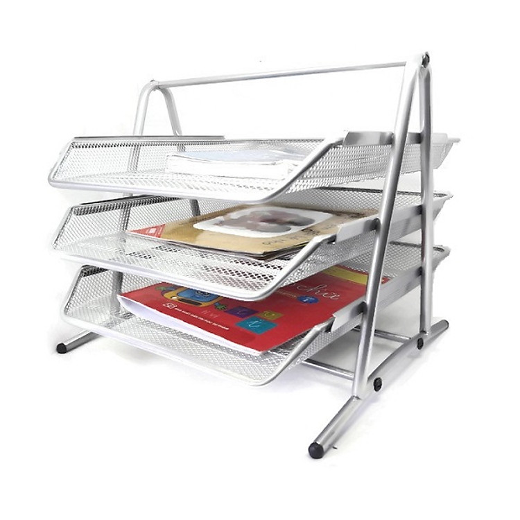 Khay để tài liệu 3 tầng bằng thép lưới cao cấp (giao màu ngẫu nhiên)
