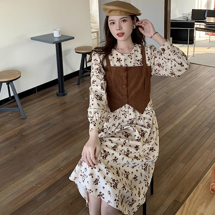 Váy liền hai mảnh giả cổ điển phong cách trưởng thành nhẹ hoa kiểu Pháp Váy thời trang nữ váy thon gọn phong cách Anh cổ tròn mặc thường ngày người nhỏ