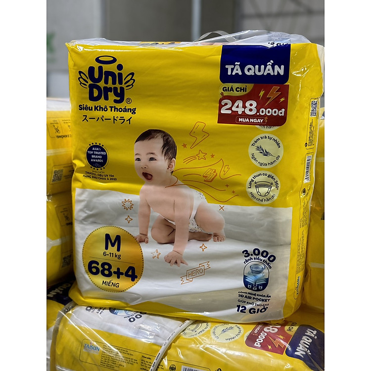 Tã/bỉm quần UniDry siêu khô thoáng mẫu mới giá rẻ gói lớn tiết kiệm đủ size M68+4/ L68+4/ XL68+4/ XXL68+4 miếng