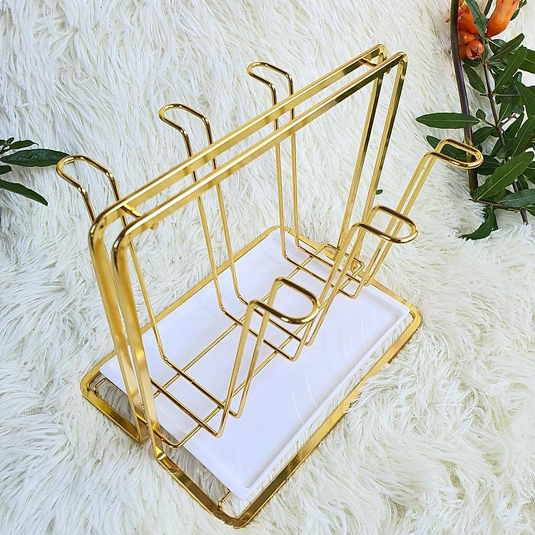 Khay úp ly Inox SUS 304 cao cấp không gỉ mạ vàng Titan tinh xảo sáng bóng - giá úp cốc có khay hứng nước dạng chữ nhật