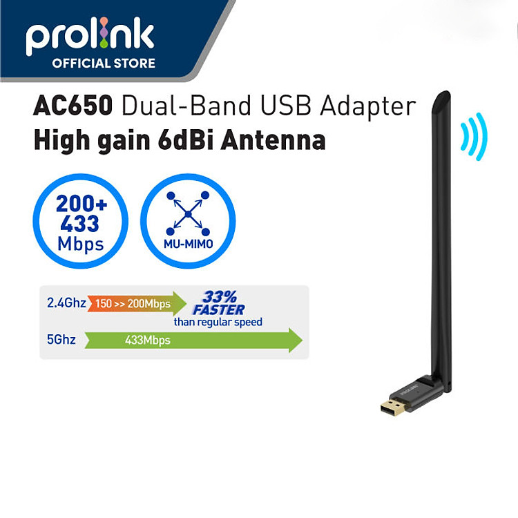 USB Wifi PROLiNK DH5103U băng tần kép 2.4/5G nhỏ gọn, sóng khoẻ - Hàng chính hãng