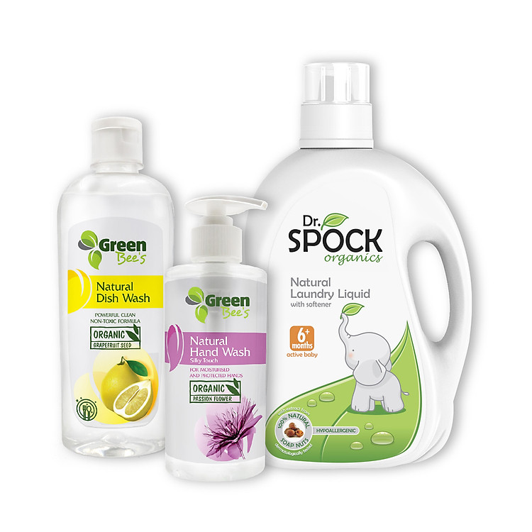 Combo Nước Giặt Xả trẻ em Organic Dr Spock cho trẻ từ 6 tháng tuổi Nước rửa bát Tinh chất Hạt Bưởi và Nước rửa tay Hoa Lạc Tiên Organic