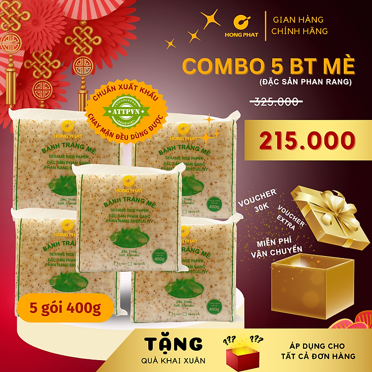 Combo 5 Bánh tráng cuốn 400g/gói (Bánh tráng mè, bánh tráng gỏi cuốn mè Hồng Phát đặc sản Phan Rang)