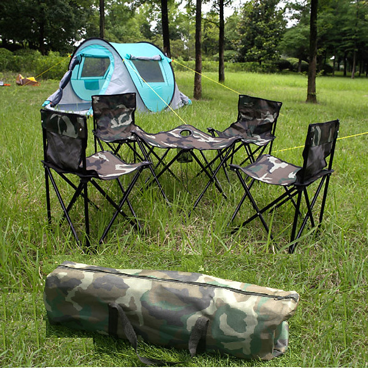 Bộ 1 bàn 4 ghế gập gọn màu Rằn Ri dùng cho hoạt động dã ngoại, du lịch, Phượt thủ
