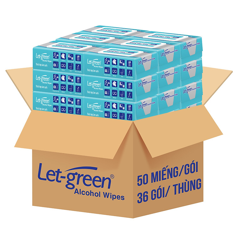 Thùng 36 Bao Khăn Ướt Cồn Let-green 50 Miếng/Bao