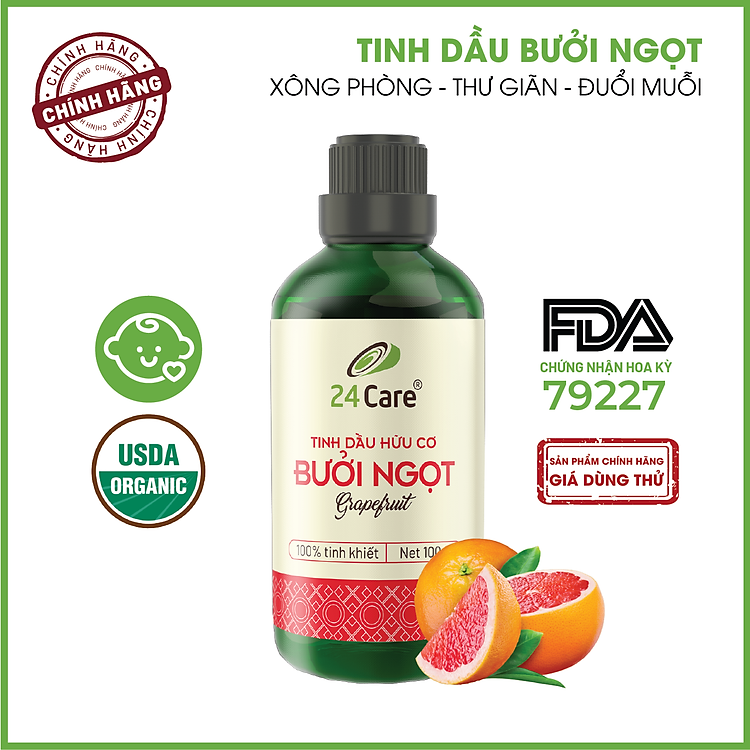 Tinh dầu Bưởi Ngọt 24Care 100ML - Chiết xuất thiên nhiên, khử mùi, thơm phòng, thư giãn tinh thần.