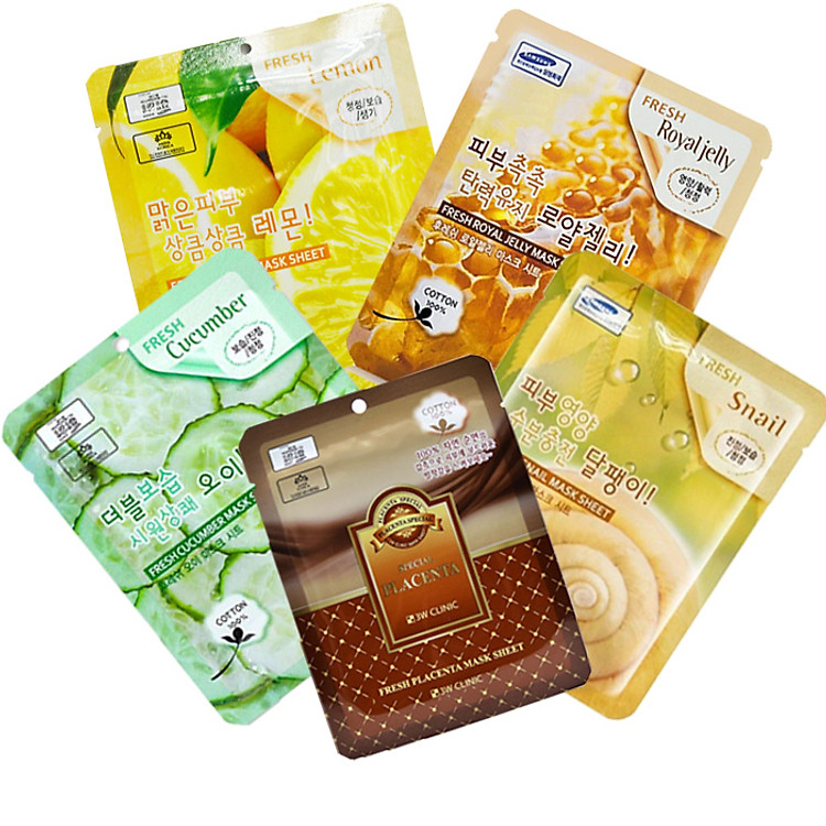 COMBO 10 MẶT NẠ 3W CLINIC 5 LOẠI DƯỠNG TRẮNG DA 7 NGÀY –CHIẾT XUẤT CHANH TƯƠI, DƯA LEO, NHAU CỪU, ỐC SÊN , SỮA ONG CHÚA 3W CLINIC MASK SHEET