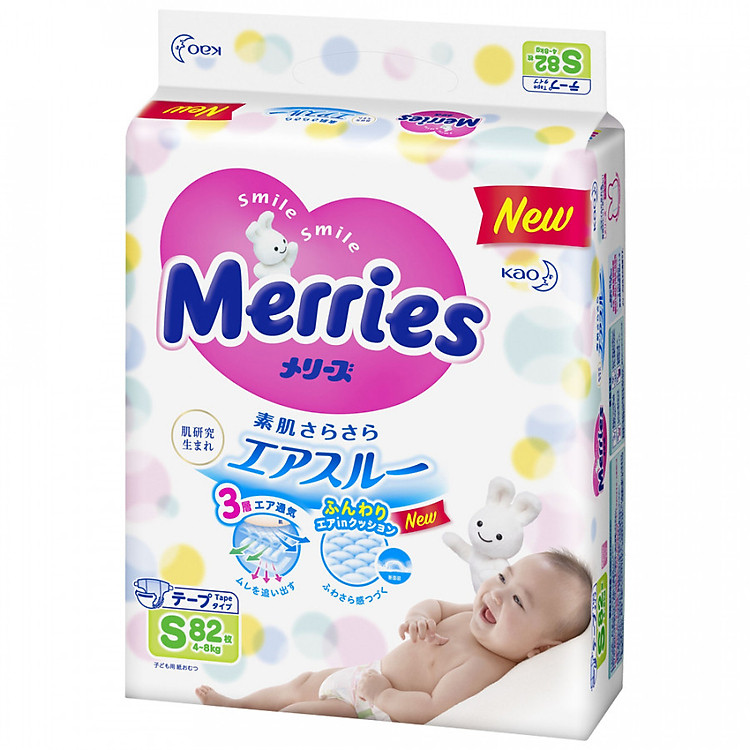 Tã Dán Merries Size S 82 Miếng Bao Bì Mới (Cho Bé 4-8Kg)