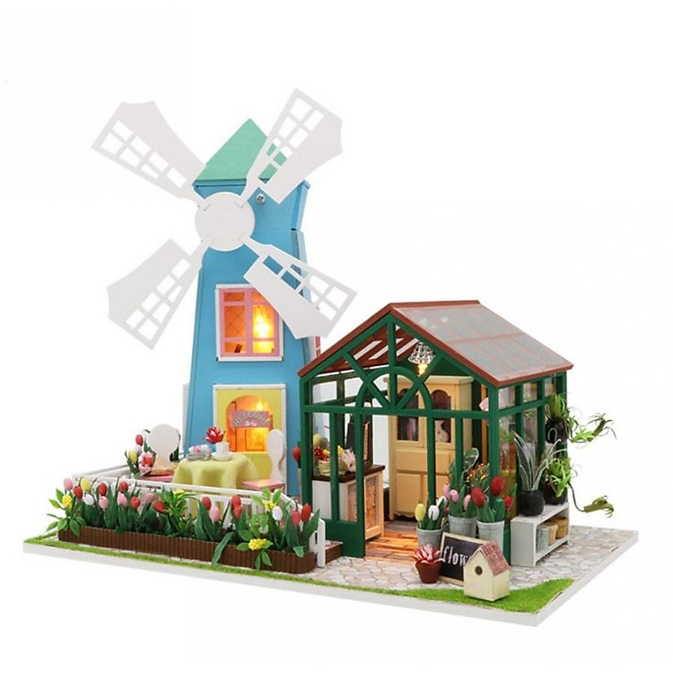 Mô hình nhà búp bê gỗ Cute Room - Cối xay gió Amsterdam Windmill Flower House (có mica, cót nhạc đầy đủ)