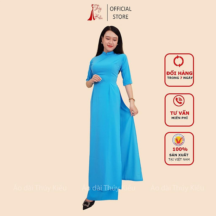 Áo dài trơn lụa Nhật cổ 2 phân màu xanh nước biển AK33
