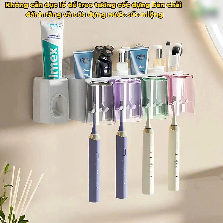 Bộ Nhả Kem Đánh Răng Tự Động Cao Cấp Kèm 4 Cốc – Kệ Để Bàn Chải Gắn Tường