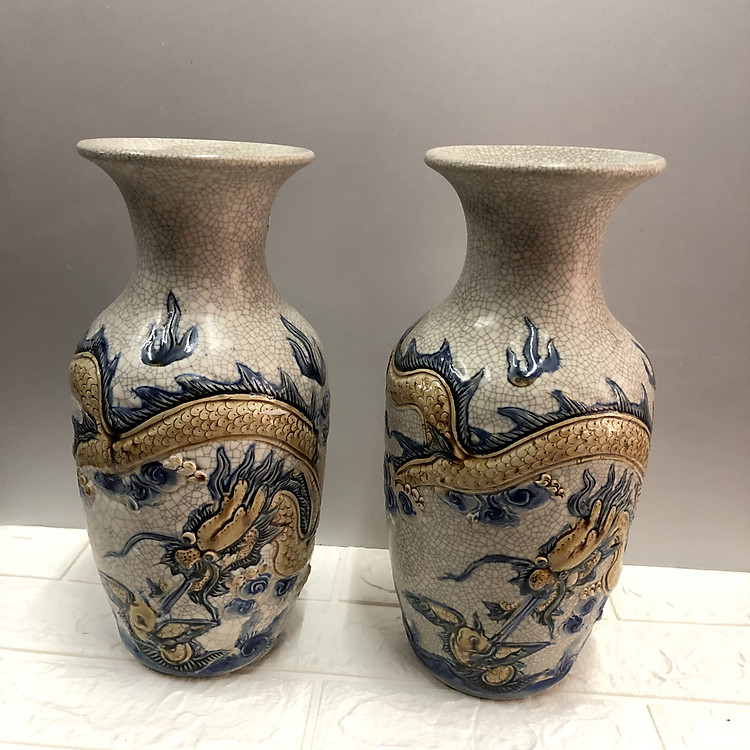 Đôi lọ hoa thờ men rạn nổi - cao 25 cm đk 11cm