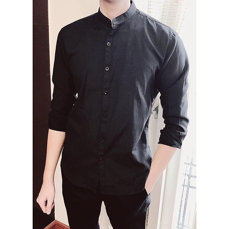 Áo Sơ Mi Nam Đen Cổ Tàu DENTAU03