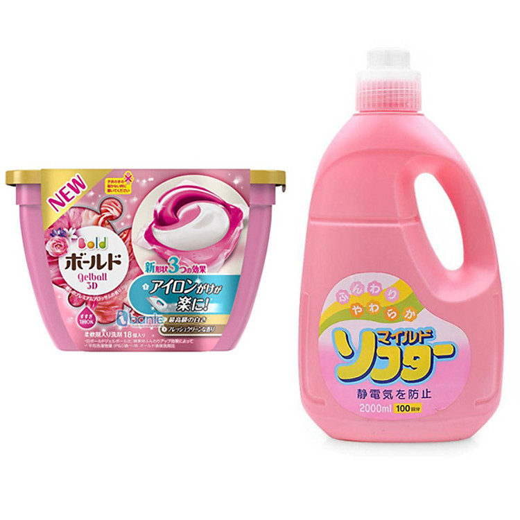 Combo Hộp 18 viên giặt xả 3D Gel Ball + Nước xả vải cao cấp 2L Tặng túi giặt quần áo dạng ống nội địa Nhật Bản