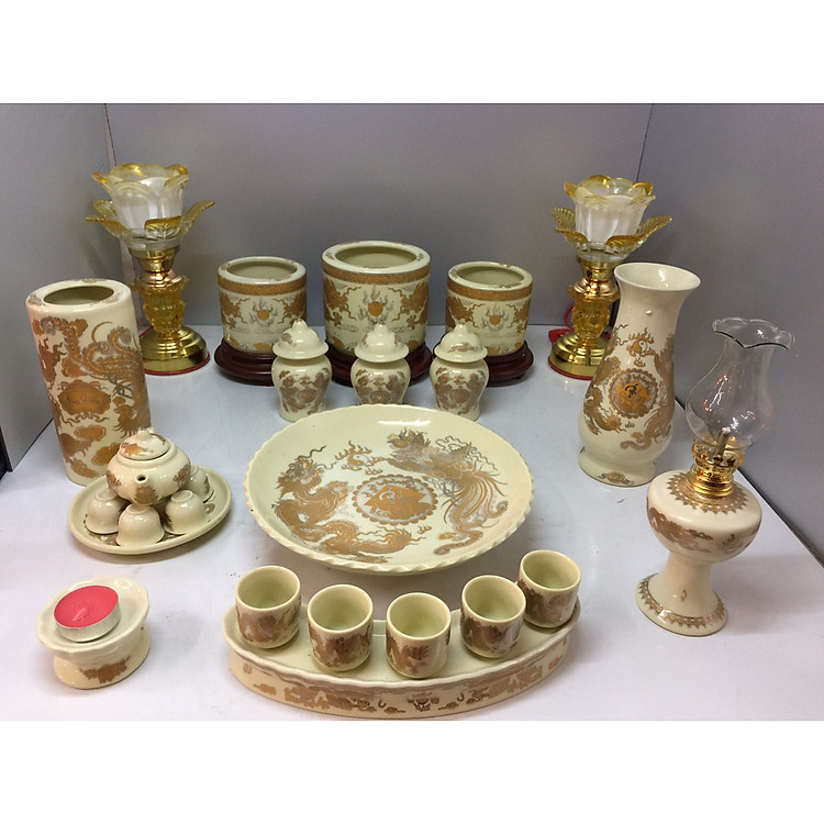 Bộ bát hương thờ rồng vàng ( gốm sứ bát tràng cao cấp) comboo cả bộ 3 Bát hương + tặng tro đủ bát hương tặng nước sái tịnh đồ thờ