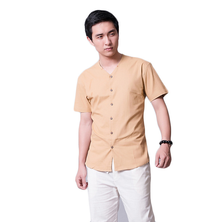Áo đũi nam cộc tay cài khuy vàng nâu - AD0108