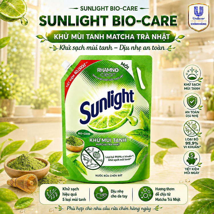 Nước Rửa Chén Sunlight Bio-Care Matcha Trà Nhật, Khử Mùi Tanh Sạch Dầu Mỡ, Túi/Can 3.3kg/3.6kg
