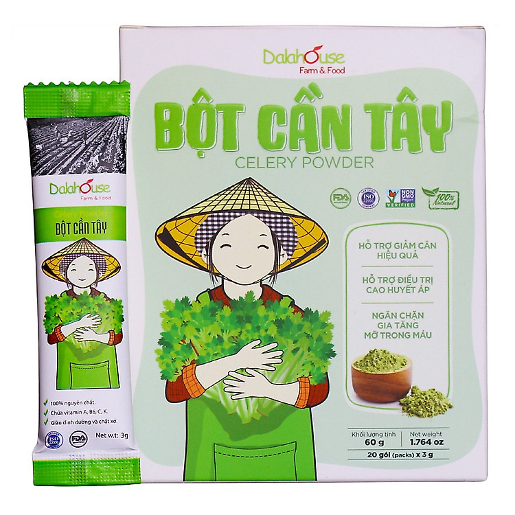 Bột cần tây hữu cơ nguyên chất sấy lạnh Dalahouse - Hộp 20 gói nhỏ 3gr định lượng sẵn cho 1 lần sử dụng - Hỗ trợ giảm cân, cao huyết áp, ngăn chặn gia tăng mỡ trong máu