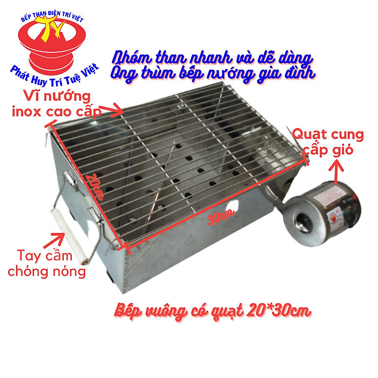 Bếp nướng than không khói chữ nhật 20 x 30cm có quạt gió nướng gia đình kèm 1kg than không khói