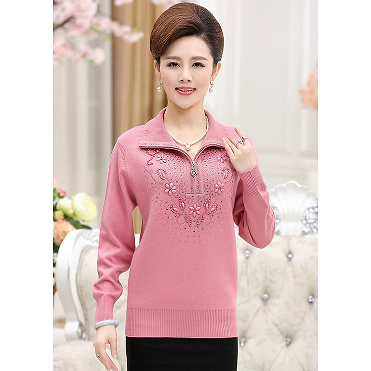 Áo len trung niên kiểu áo len đẹp phối dây kéo đính cườm GOTI0309310