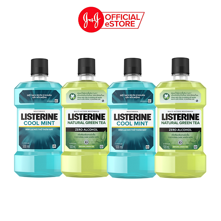 Bộ 2 Nước Súc Miệng Listerine Ngừa Sâu Răng Green Tea 500ml + 2 Nước Súc Miệng Diệt Khuẩn Listerine Cool Mint 500ml