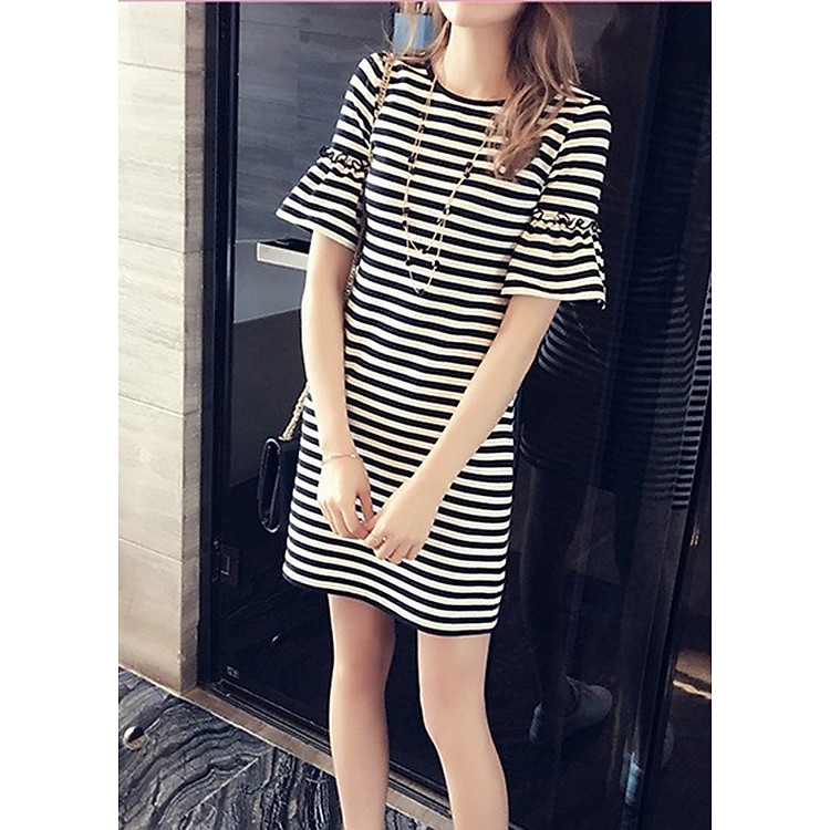 Đầm Nữ Thun Kẻ Sọc DSN8A - Trắng Phối Đen
