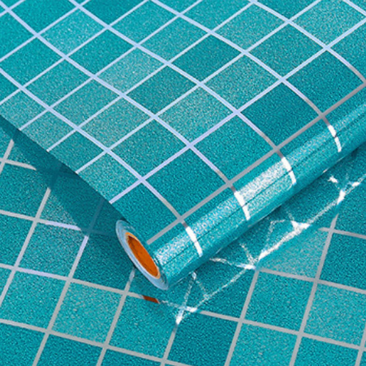Cuộn 5 Mét Decal Giấy Dán Bếp Tráng Nhôm Cách Nhiệt Ô Vuông Xanh (5 Mét Dài x 0.45 Mét Rộng)