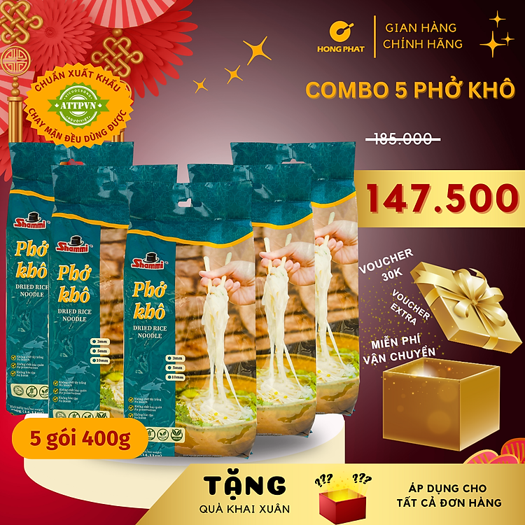 COMBO 5 Phở khô Shammi túi 400g (phở khô Việt Nam hàng xuất khẩu)